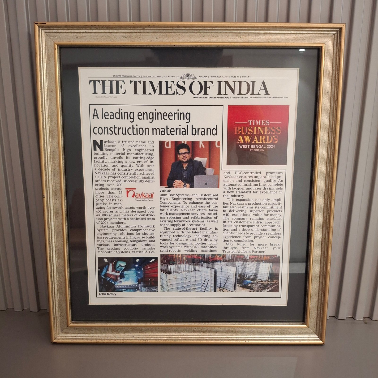Framed Times of India feature on Navkaar, 26 July 2024