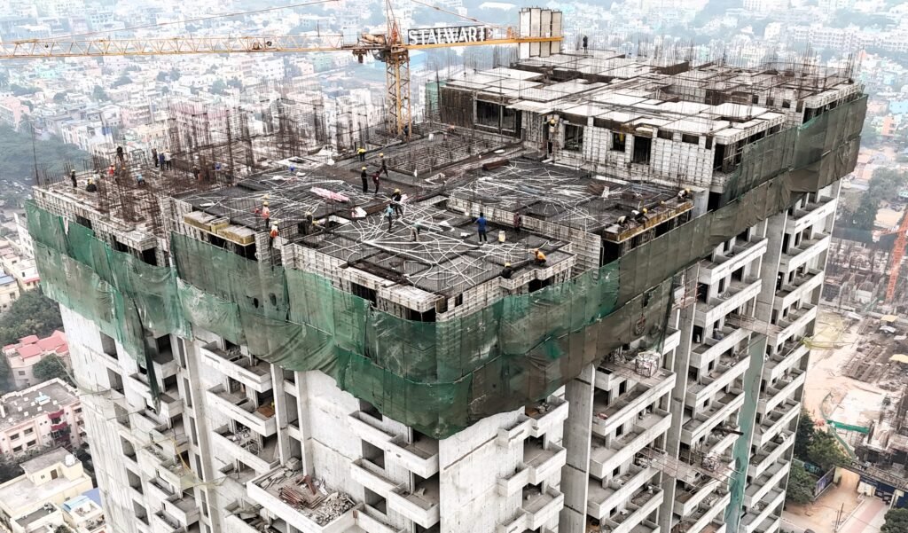 Aerial view of a high-rise tower top with aluminium formwork in use